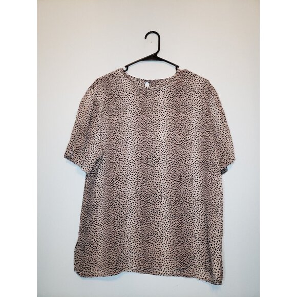 Nora Noh Women Sz L Blouse Leopard Print Short Sleeve 100% Silk Brown Round Neck - Picture 1 of 5